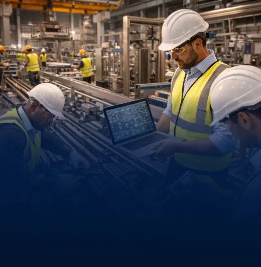 Three engineers in yellow vests and hard hats using a laptop at a manufacturing plant