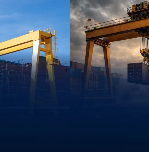 Split image of two yellow gantry cranes — one outdoors and one at a shipping port