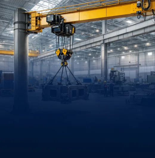 Yellow jib crane with chain hoist and hook mounted on a pillar inside a bright factory