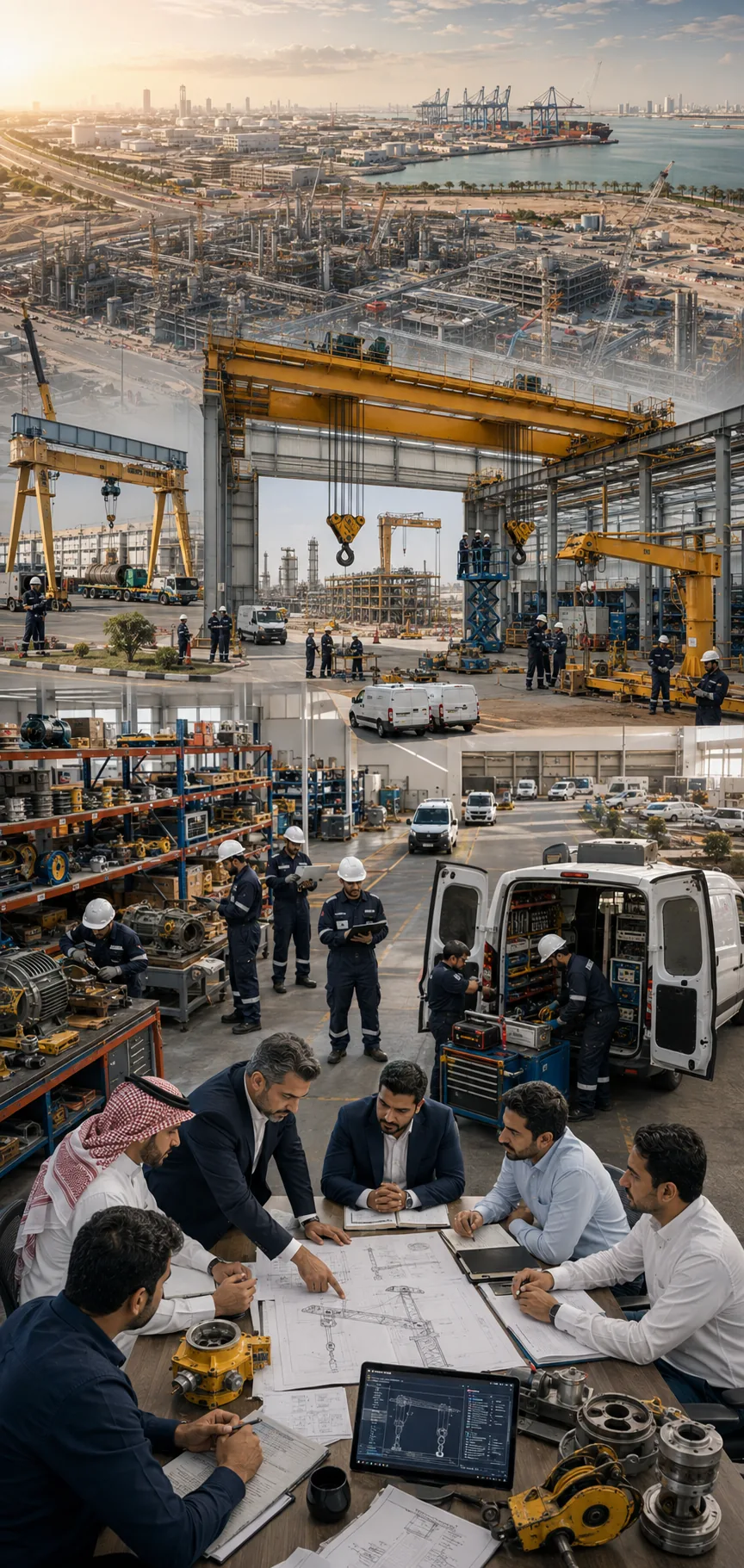 Veltrixair Industries operations across Saudi Arabia — a coastal petrochemical and port corridor, overhead travelling and gantry cranes under service, the parts workshop and mobile response fleet, and engineers reviewing crane drawings