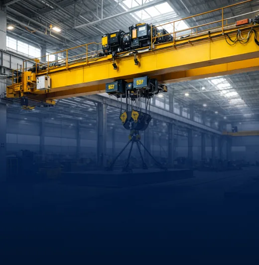Heavy duty yellow overhead crane with 50-tonne rated hook assembly in an industrial hall