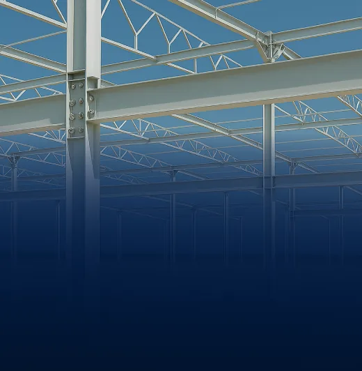 Steel truss framework of a self-standing crane support structure against a blue sky