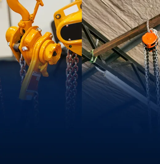 Split image of yellow chain pulley block and orange chain hoist for specialty lifting
