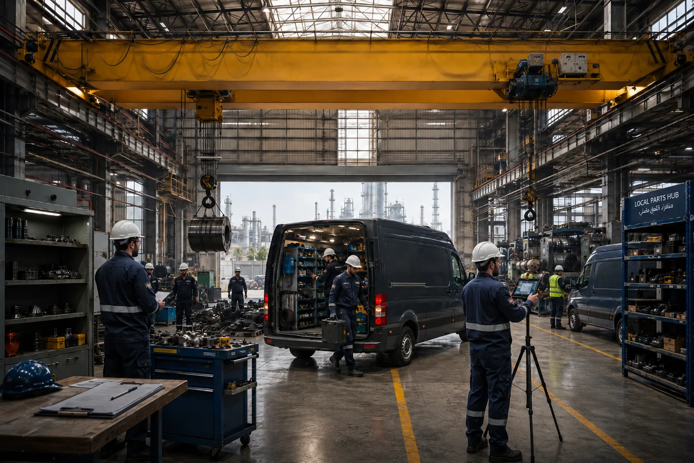Veltrixair Industries technicians beneath a branded overhead travelling crane in a Saudi workshop, working alongside a mobile parts van and a local parts hub